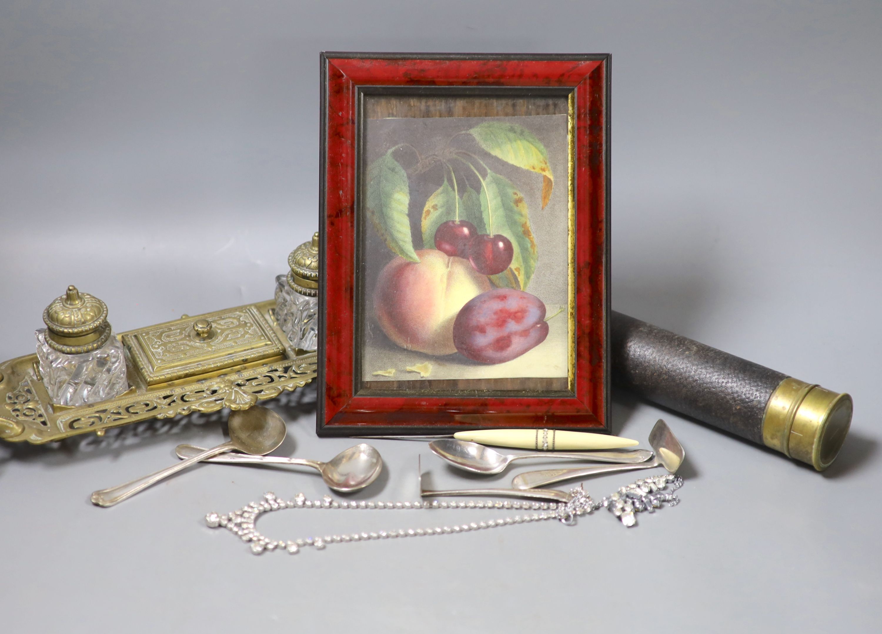 Mixed collectibles to include a three draw telescope, a desk stand, small silver etc.